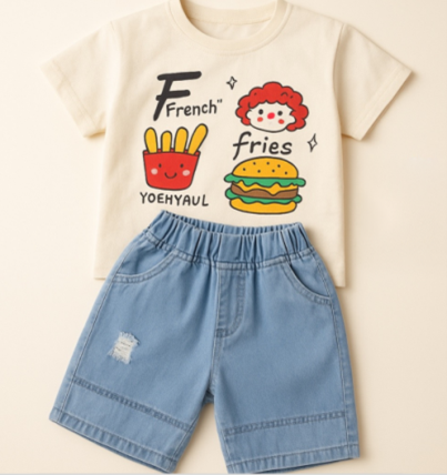 SH1 - Fun T-shirt & Denim Shorts Set